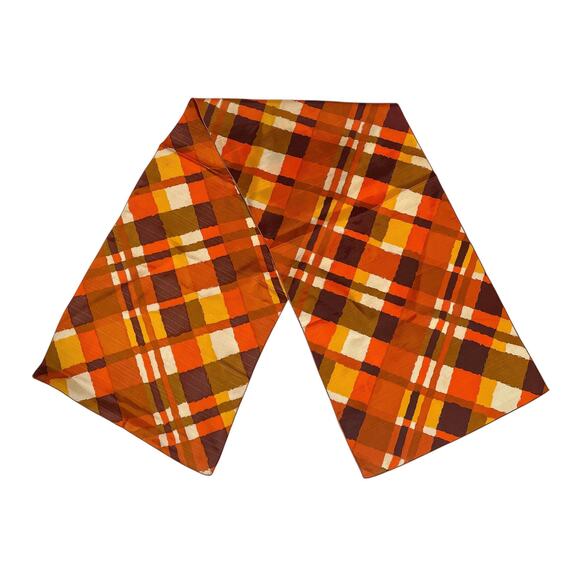 1970s Theresa Ahrens NY Orange Tan Yellow Brown Acetate Oblong Plaid Scarf Wrap - Picture 2 of 7